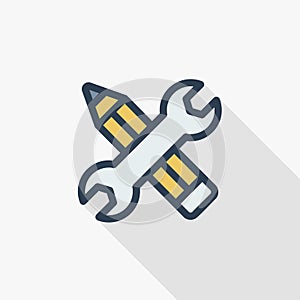 Wrench and pen, installation, design thin line flat color icon. Linear vector symbol. Colorful long shadow design.