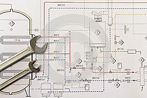 Wrench and project drawings with plumbing system