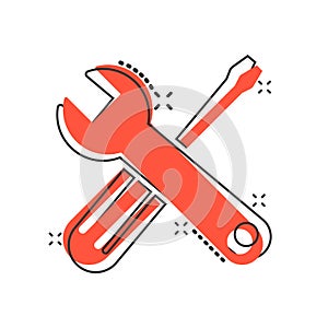Wrench and screwdriver icon in comic style. Spanner key cartoon vector illustration on white isolated background. Repair equipment