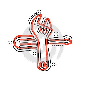 Wrench and screwdriver icon in comic style. Spanner key cartoon vector illustration on white isolated background. Repair equipment