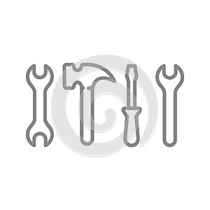 Wrench or spanner and hammer, screwdriver line icon set