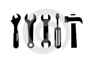 Wrench, Spanner, Screwdriver And Hammer Icon In Flat Style For App, UI, Websites. Black Vector Icon