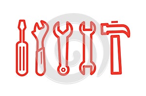 Wrench Spanner Screwdriver And Hammer Line Red Icon On White Background. Red Flat Style Vector