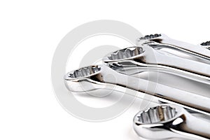 Wrench spanner tools on white background. Copy space for text