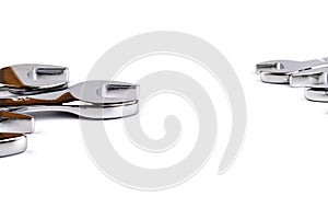 Wrench spanner tools on white background. Copy space for text