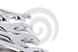 Wrench spanner tools on white background. Copy space for text