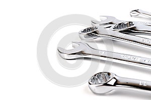 Wrench spanner tools on white background. Copy space for text