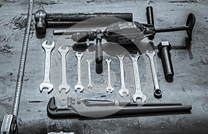 Wrenches and a hand drill