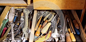 Wrenches, pliers, screwdrivers are in the box, close-up
