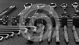 Wrenches, spanners and bits at hardware shop