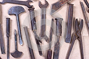 Wrenchs,various tools on wooden background
