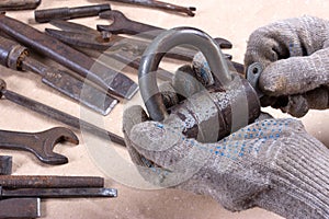 Wrenchs,various tools on wooden background