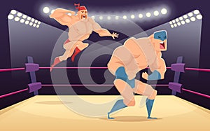 Wrestler fighters cartoon. Cartoon martial characters at ring funny action vector sport background