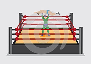 Wrestler Lifts Up Opponent in Wrestling Ring Vector Cartoon Illustration