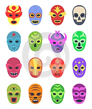 Wrestler masks. Mexican martial fighters sport clothes colored lucha libre masked vector collection