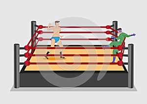 Wrestler Punches Opponent in Wrestling Ring Vector Illustration