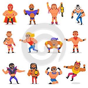 Wrestler vector masked man character and masking luchador in wrestling fight illustration set of wrestle sportsman in