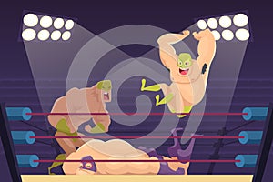 Wrestlers fighting. Sport cartoon mortal background with combat characters luchadors vector mascots