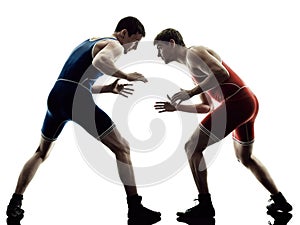 Wrestlers wrestling men isolated silhouette