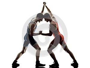 Wrestlers wrestling men isolated silhouette