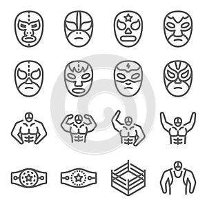 Wrestling icon illustration vector set. Contains such icon as wrestle, wrestling, Bodybuilding, Championship, Belt, Bodybuilder, a photo