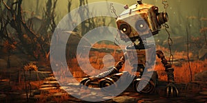 Wretched robot with apocalyptic world on the background
