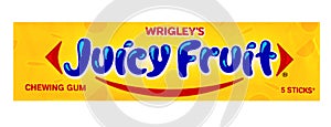 Wrigley`s Juicy Fruit chewing gum 5 sticks isolated on white bac