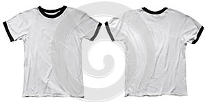 Wrinkled blank white ringer t-shirt template, front and back design photo