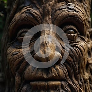 A wrinkled face carved from a tree trunk.