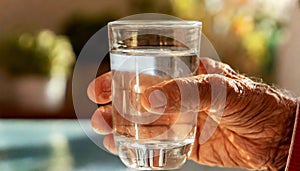 Wrinkled Hand of a elderly man holding a glass of fresh water - Generative Ai