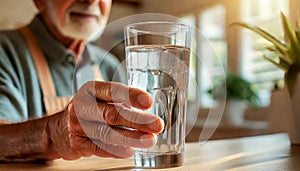 Wrinkled Hand of a elderly man holding a glass of fresh water - Generative Ai