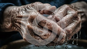 Wrinkled hand holding fresh water drop, aging process in focus generated by AI