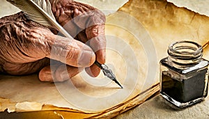 Wrinkled Hand Holding a Quill Pen on an Empty Parchment in The Act of Writing - Generative Ai