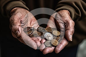 Wrinkled hands of senior man showing heap of coins on palms on dark background