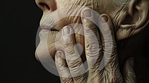 A wrinkled pair of hands massaging a tense jawline reflecting the traditional practice of face reflexology