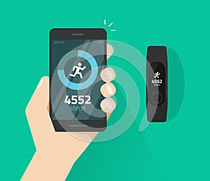 Wrist band bracelet with run activity and fitness tracking app on mobile phone screen vector flat, smartphone with run