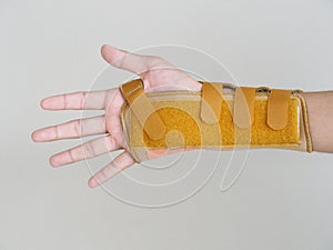 Wrist-Brace-with-Splint Put on the right arm of the boy. After he broke his arm with an accident.