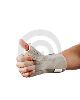 Wrist and hand orthotics support for carpal tunnel syndrome healing, isolated on white