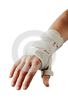 Wrist and hand orthotics support for carpal tunnel syndrome healing, isolated on white