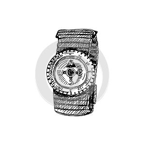 Wrist magnetic compass, retro black and white hand drawn illustration.