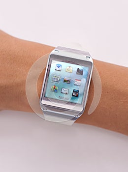 Wrist, smart watch and icons technology or screen for schedule planning on white background, location or studio. Person