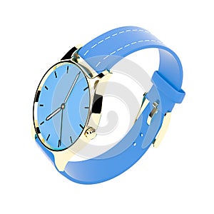 Wrist watch. Blue dial with golden case and blue leather bracelet