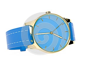 Wrist watch. Blue dial with golden case and blue leather bracelet. 3d rendering illustration