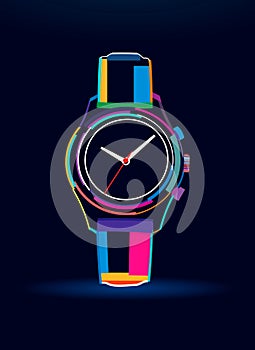 Wrist watch with leather strap, abstract, colorful drawing