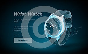 Wrist Watch low poly art illustration. Smart watch isolated on blue background . oncept for banner or poster.