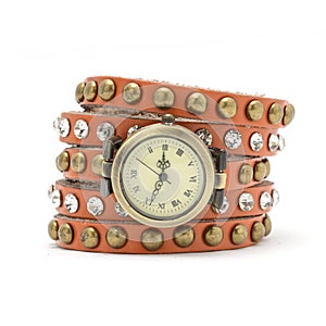 Wrist watch with orange  strap isolated on white