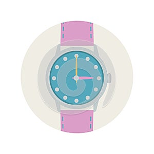 Wrist watch with pink strap and arrows.