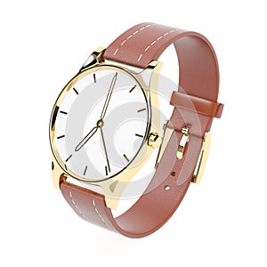 Wrist watch. White dial with golden case and brown leather bracelet