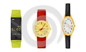 Wristwatch as Portable Timepiece with Watch Strap Worn Around the Wrist Vector Set