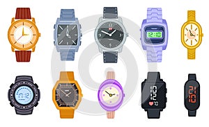 Wristwatch. Female digital smart clock. Isolated woman man elegant watches with fashion bracelets. Flat wrist watch